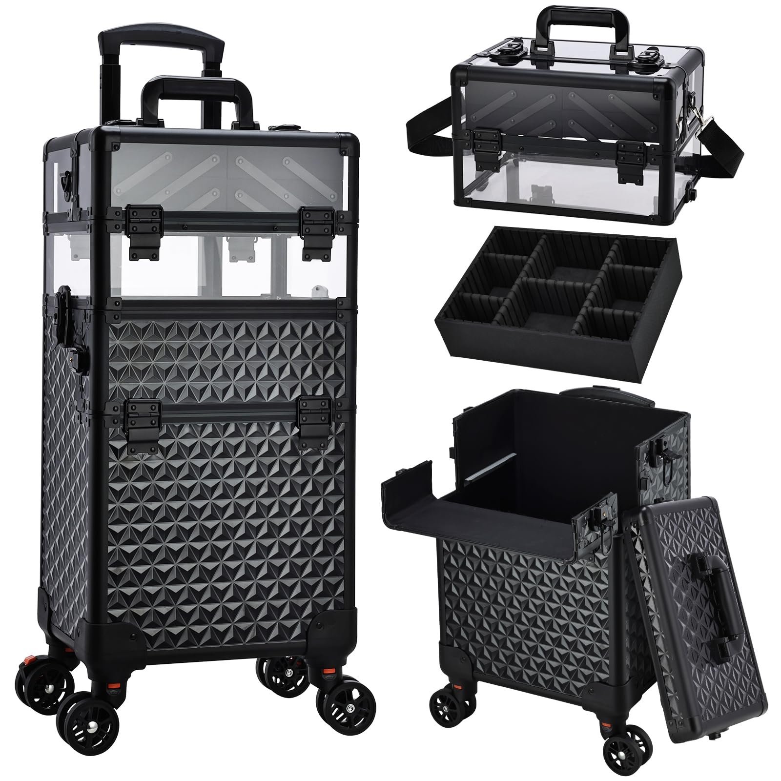 Barber 3 in 1 Train Case Cosmetology School Nail Tech Hairstylist MUA Case Professional Rolling Makeup Case