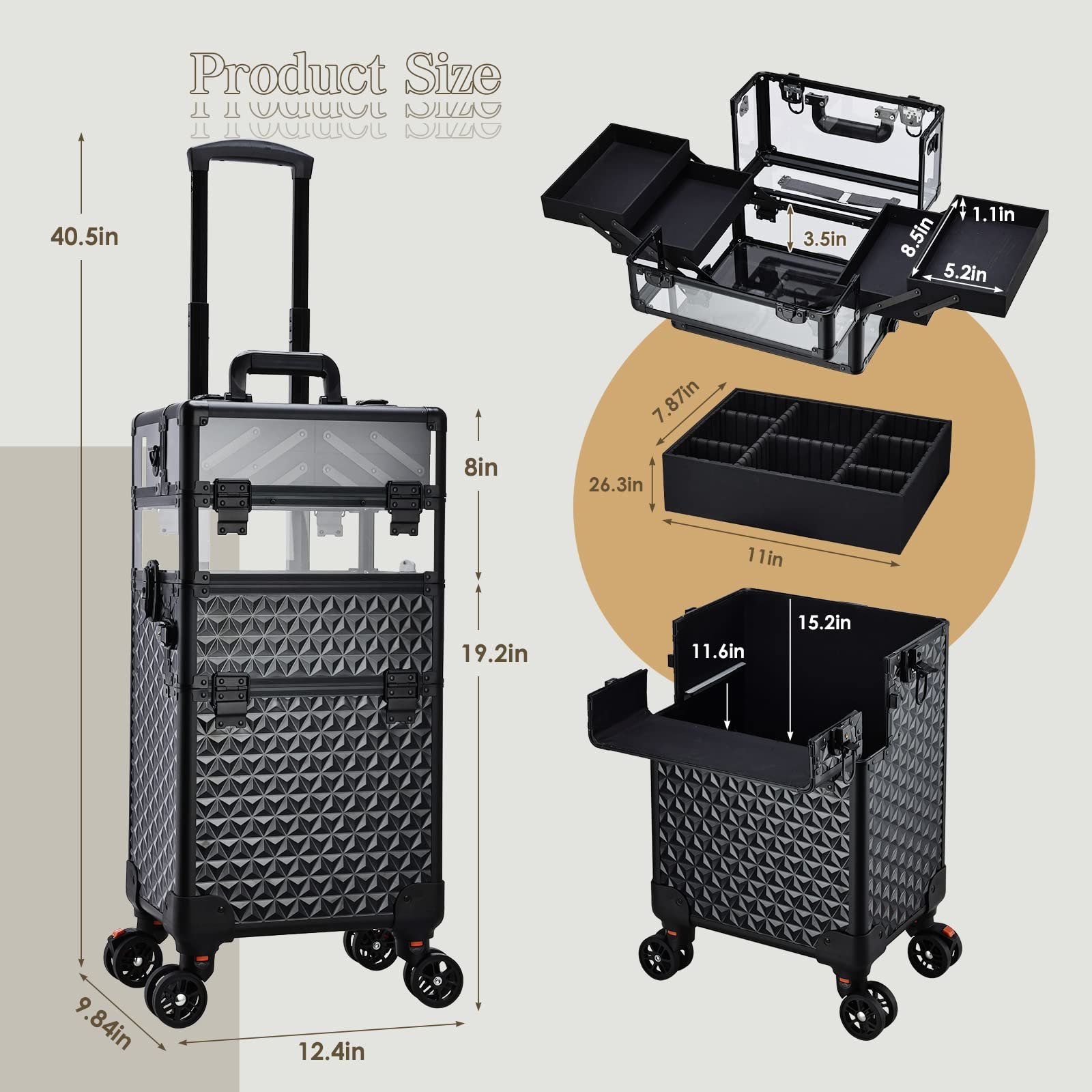 Barber 3 in 1 Train Case Cosmetology School Nail Tech Hairstylist MUA Case Professional Rolling Makeup Case