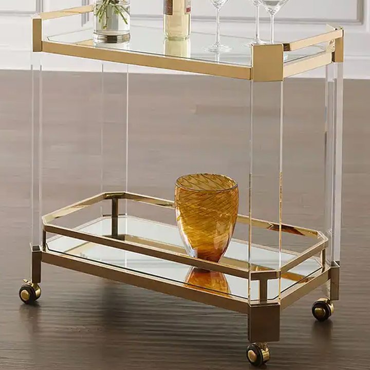 Customization Hotel Food Trolley Cart Transparent Tea Trolley Double-layer Two-tier Trolley Plexiglass Lucite Bar Cart