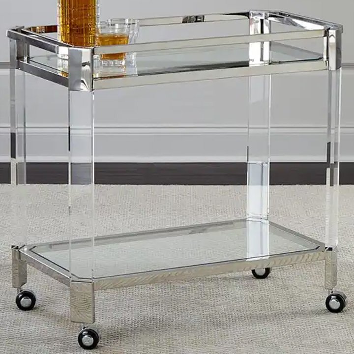 Customization Hotel Food Trolley Cart Transparent Tea Trolley Double-layer Two-tier Trolley Plexiglass Lucite Bar Cart