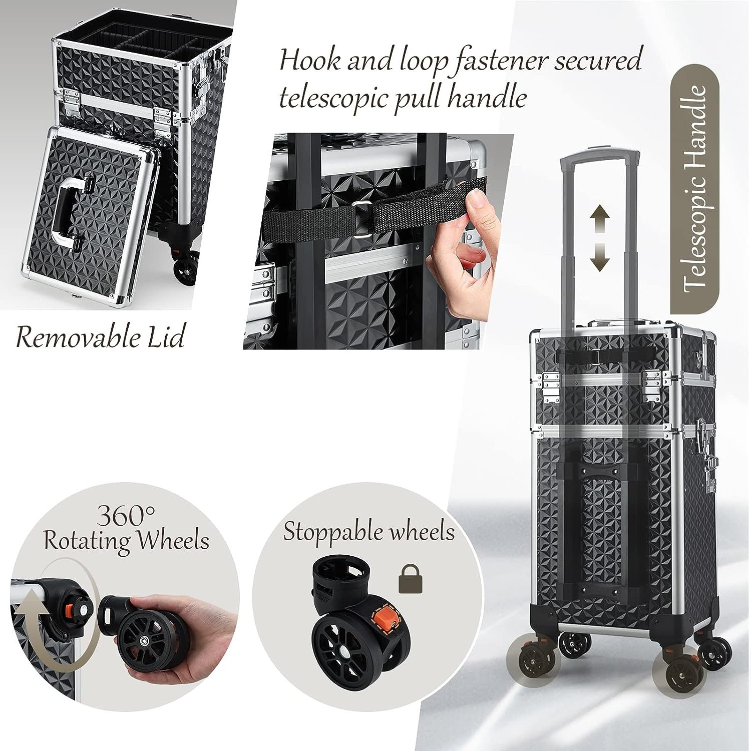 3 in 1 Rolling Makeup Case Cosmetic Train Case on Wheels Large Capacity Makeup Trolley Salon Barber Traveling Trunk