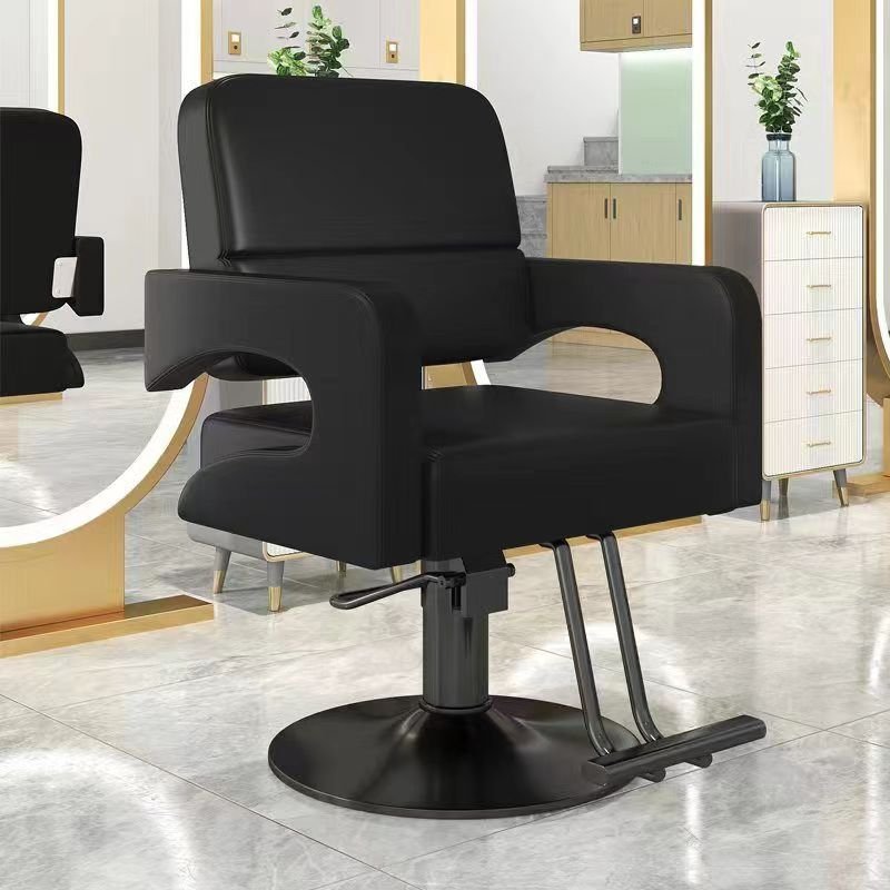 Simple Beauty Salon Barber Shop Ergonomic Adjustable PU Leather Metal Plating Swivel Lifting Haircut Chair with Armrest&Footrest