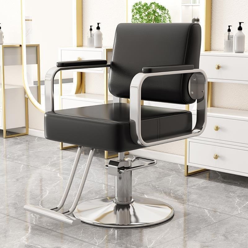 High-end Hair Salon Furniture Armchair Can Rotate And Lift Stainless Steel Black Metal Barber Chair
