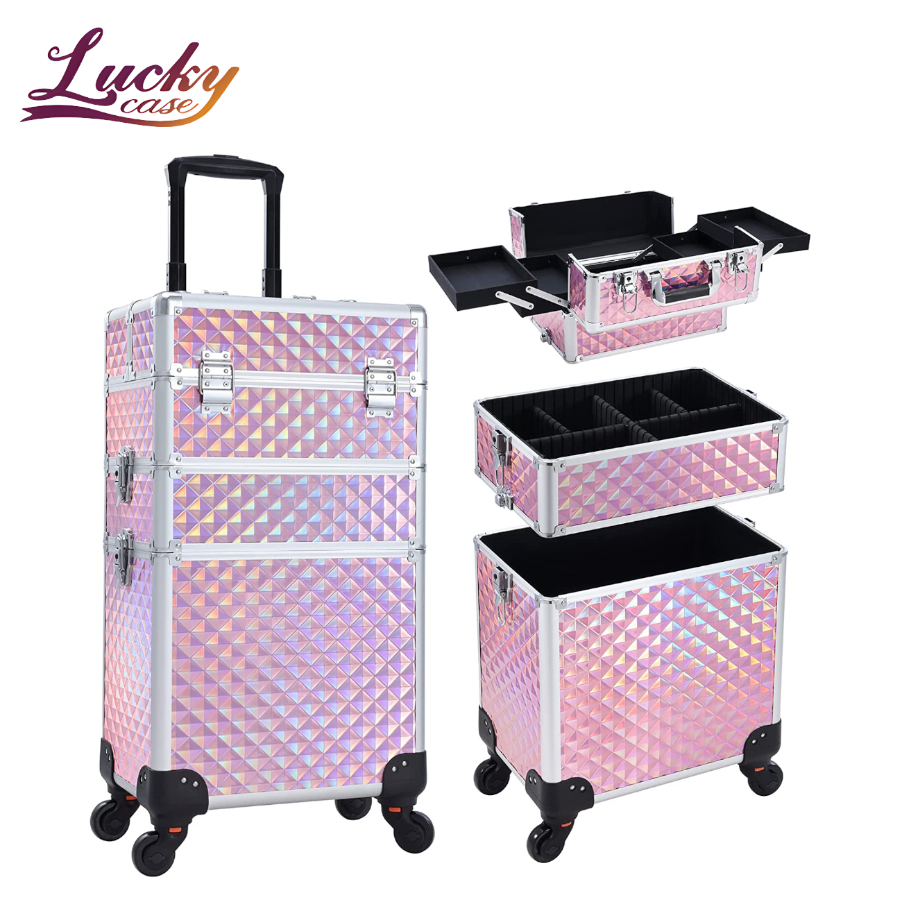 3 in 1 Rolling Makeup Train Case Portable Cosmetic Trolley Large Storage For Professional With 360 Swivel Wheels Salon