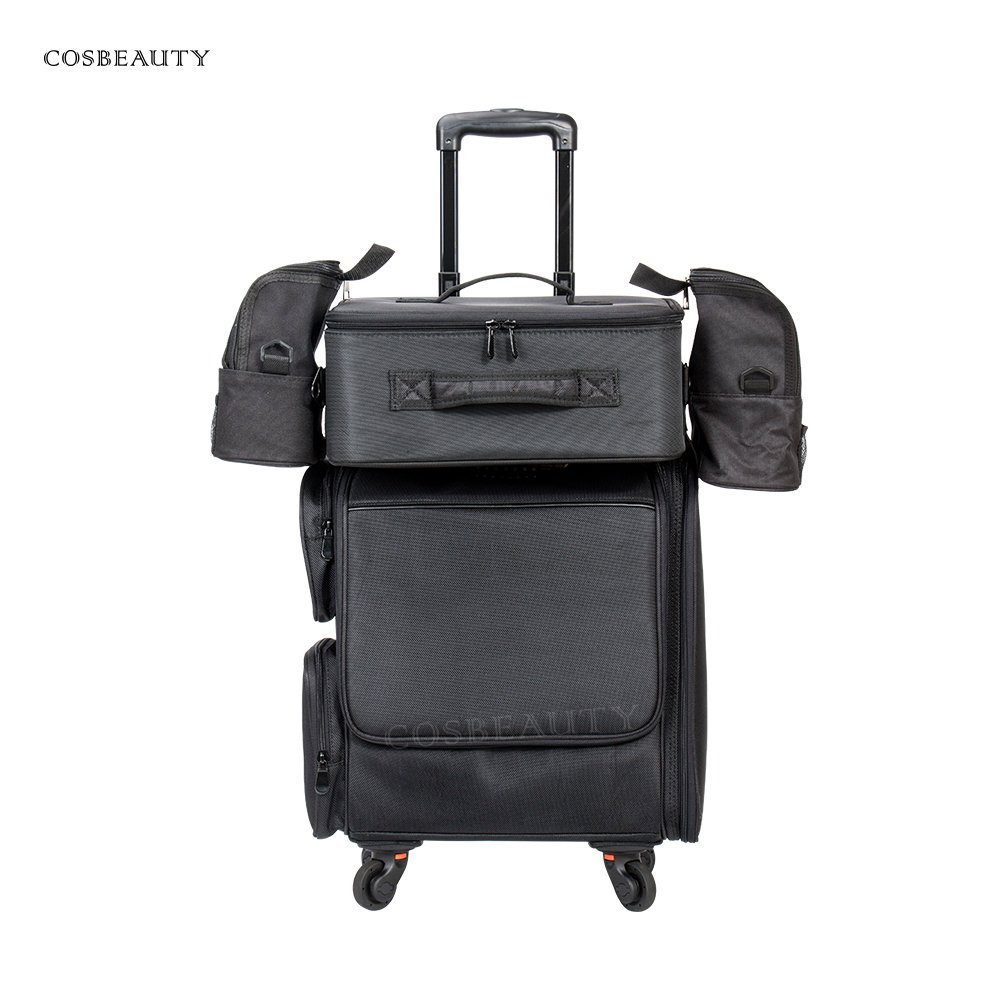 Portable Custom Nylon Trolley Beauty Cosmetic Vanity Make Up Bag Suitcase Rolling Makeup Case