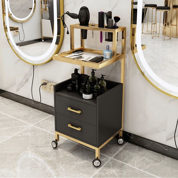 Barber Shop Furniture Stainless Steel Salon Tool Beauty Hair Salon Side Trolley with Wheels