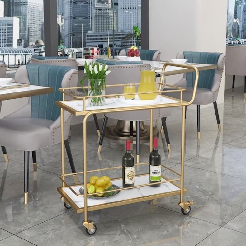 Oem Nordic Tea Trolley Metal Light Luxury Restaurant Food Serving Trolley Metal Trolley Cart