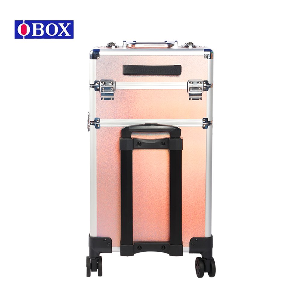Multi-layer Professional Rolling Makeup Train Case Aluminum Trolley Case with Silent Wheels Diamond Pattern