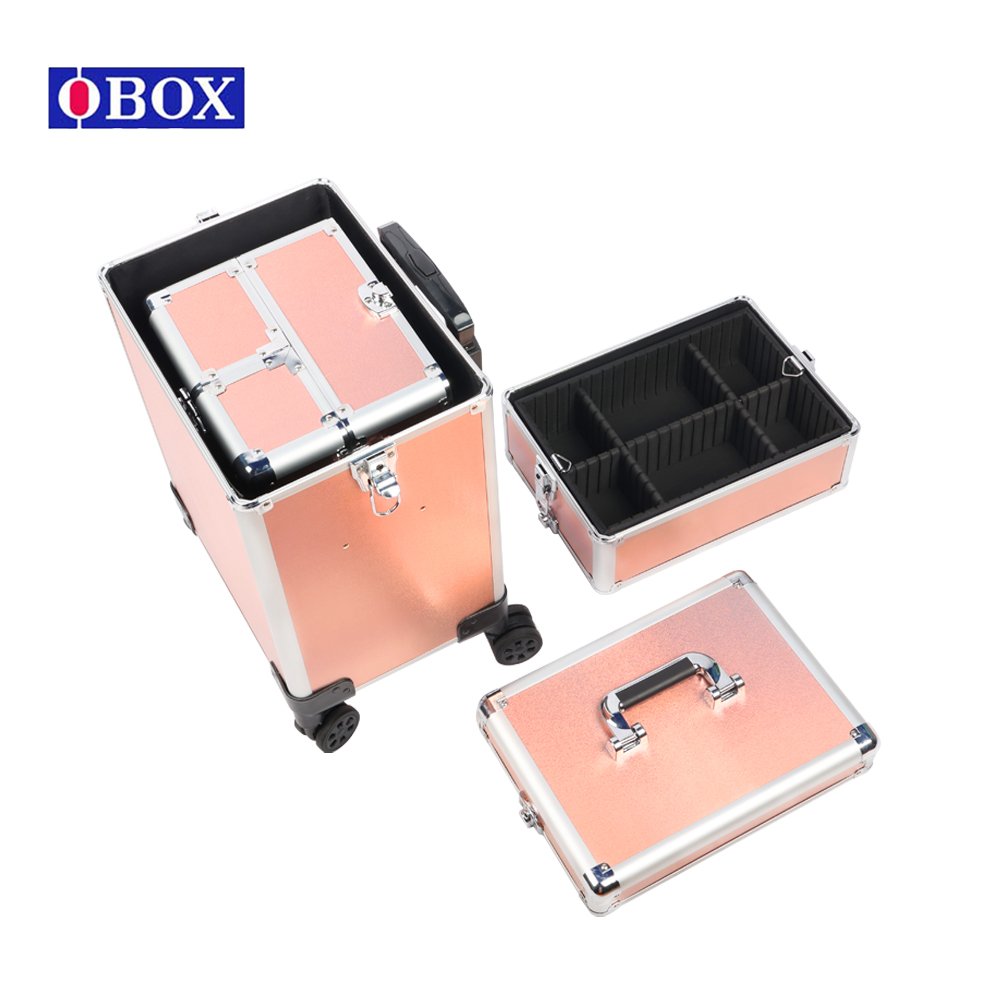 Multi-layer Professional Rolling Makeup Train Case Aluminum Trolley Case with Silent Wheels Diamond Pattern