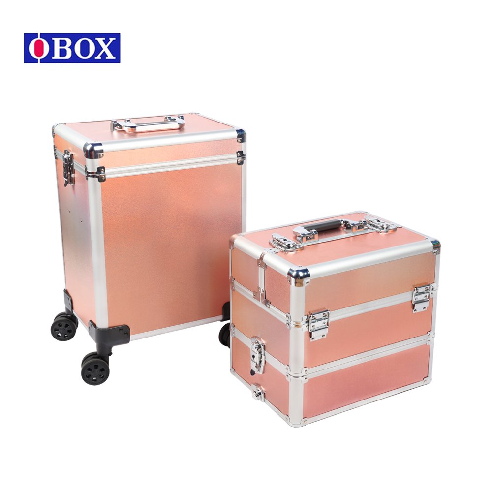Multi-layer Professional Rolling Makeup Train Case Aluminum Trolley Case with Silent Wheels Diamond Pattern