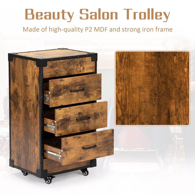 SPA Tattoo Stylist Hairdresser Barber Tool Makeup Storage Cabinet Salon Station Beauty Hair Styling Wooden Rolling Cart Trolley