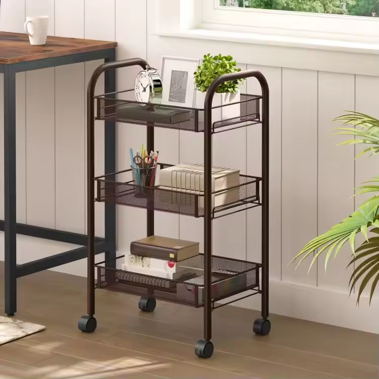 Factory Direct Supply Black Living Room Bathroom Rolling Storage Cart Metal Utility 3 Layers Rolling Trolley Salon Furniture
