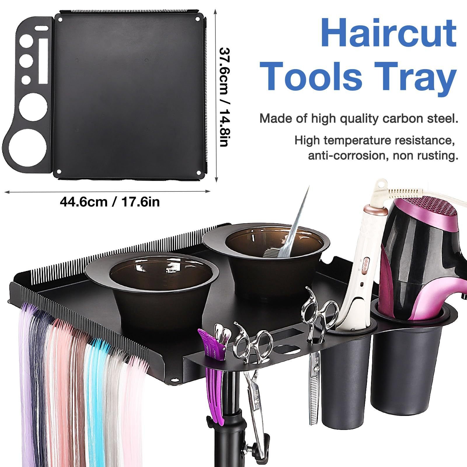 Wholesale Hairdressing Smart Organizing Tray Movable Folding Black Stainless Steel Beauty Salon Hair Extension Tray Trolley