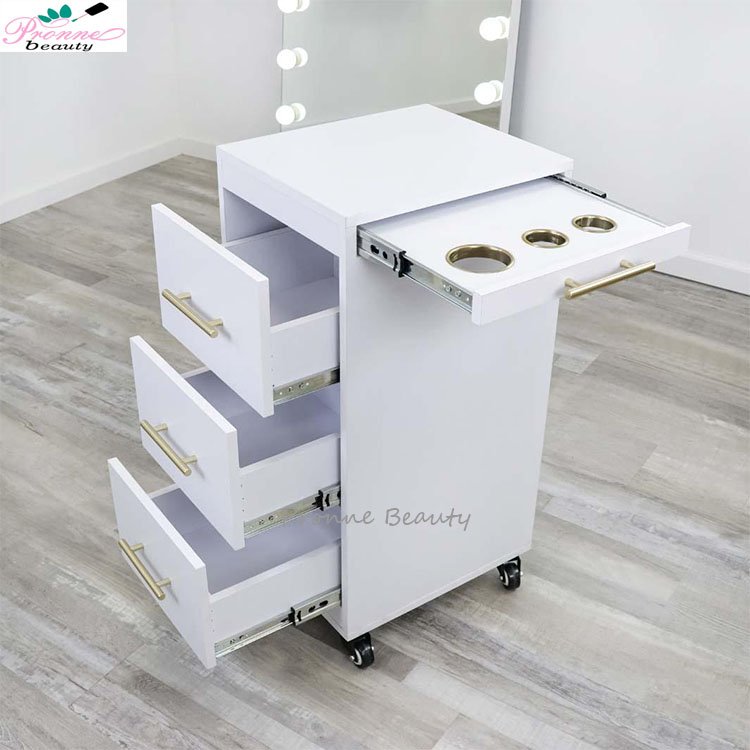 Wholesale hairdressing white salon trolley cart with 3 storage trays hair dryer holder salon foot spa trolley