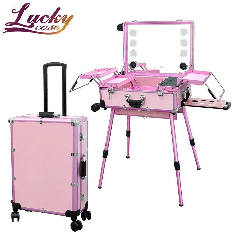 Rolling Makeup Case with LED Light Trolley Cosmetic Case for Professional Artist Portable Salon Makeup Station