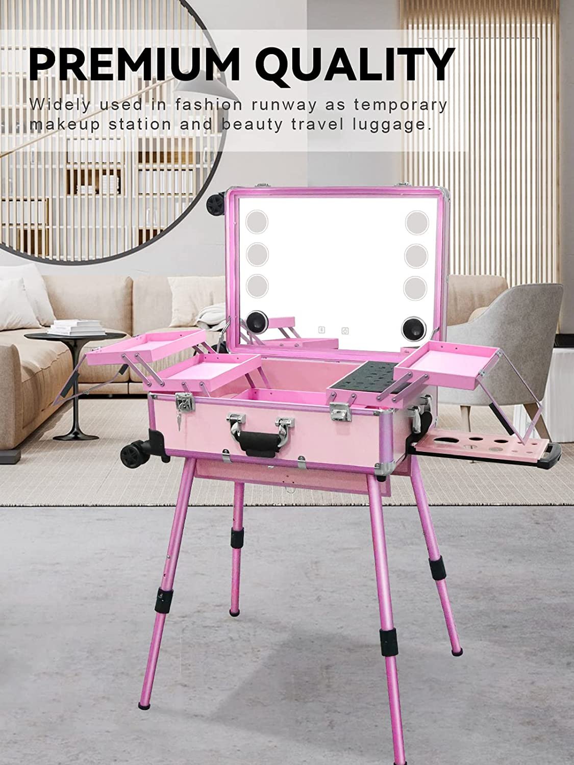 Rolling Makeup Case with LED Light Trolley Cosmetic Case for Professional Artist Portable Salon Makeup Station