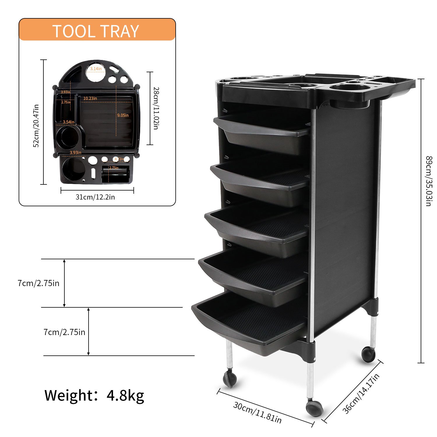 2024 New Salon Furniture Equipment Modern Black Plastic Movable 5 Drawers Beauty Salon Trolley Cart