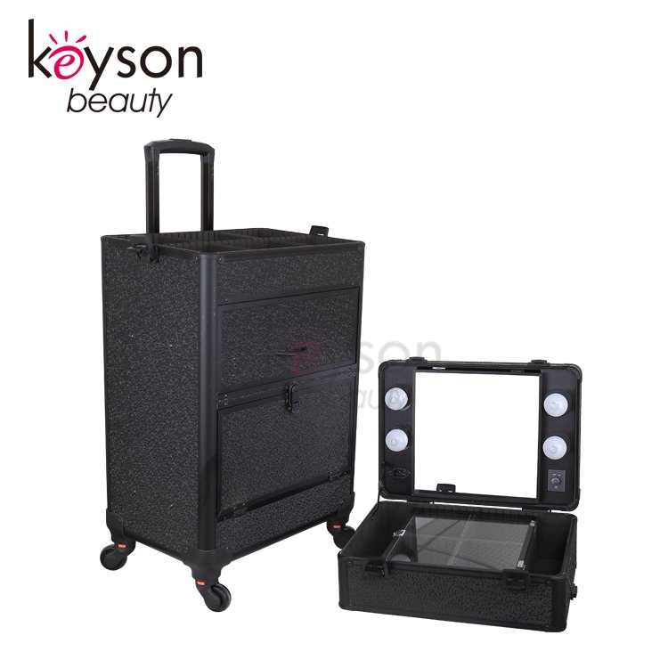 Keyson Factory wholesale Lighted Salon Station Makeup train Case Aluminium Trolley case Rolling cosmetic Case for makeup artists