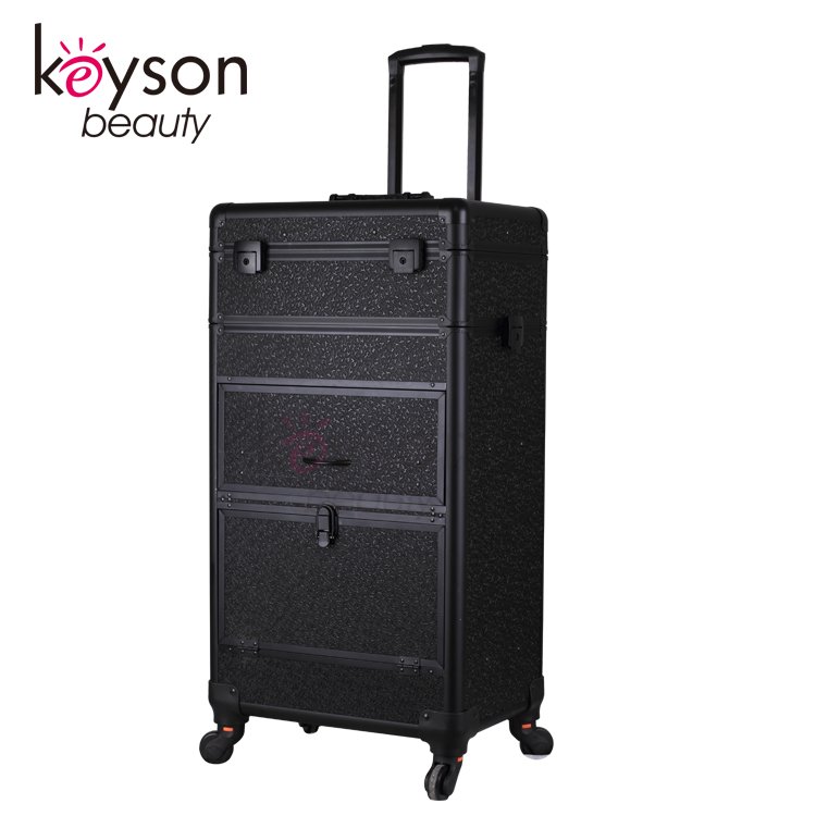 Keyson Factory wholesale Lighted Salon Station Makeup train Case Aluminium Trolley case Rolling cosmetic Case for makeup artists