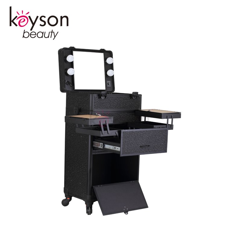 Keyson Factory wholesale Lighted Salon Station Makeup train Case Aluminium Trolley case Rolling cosmetic Case for makeup artists