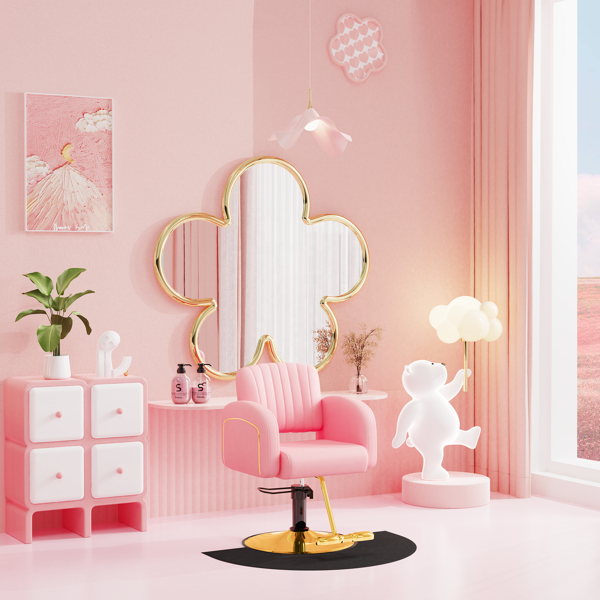 Low Price Good Quality Comfortable Seating Adjustable Height Hair Salon Chair Pink And Gold Styling Chair