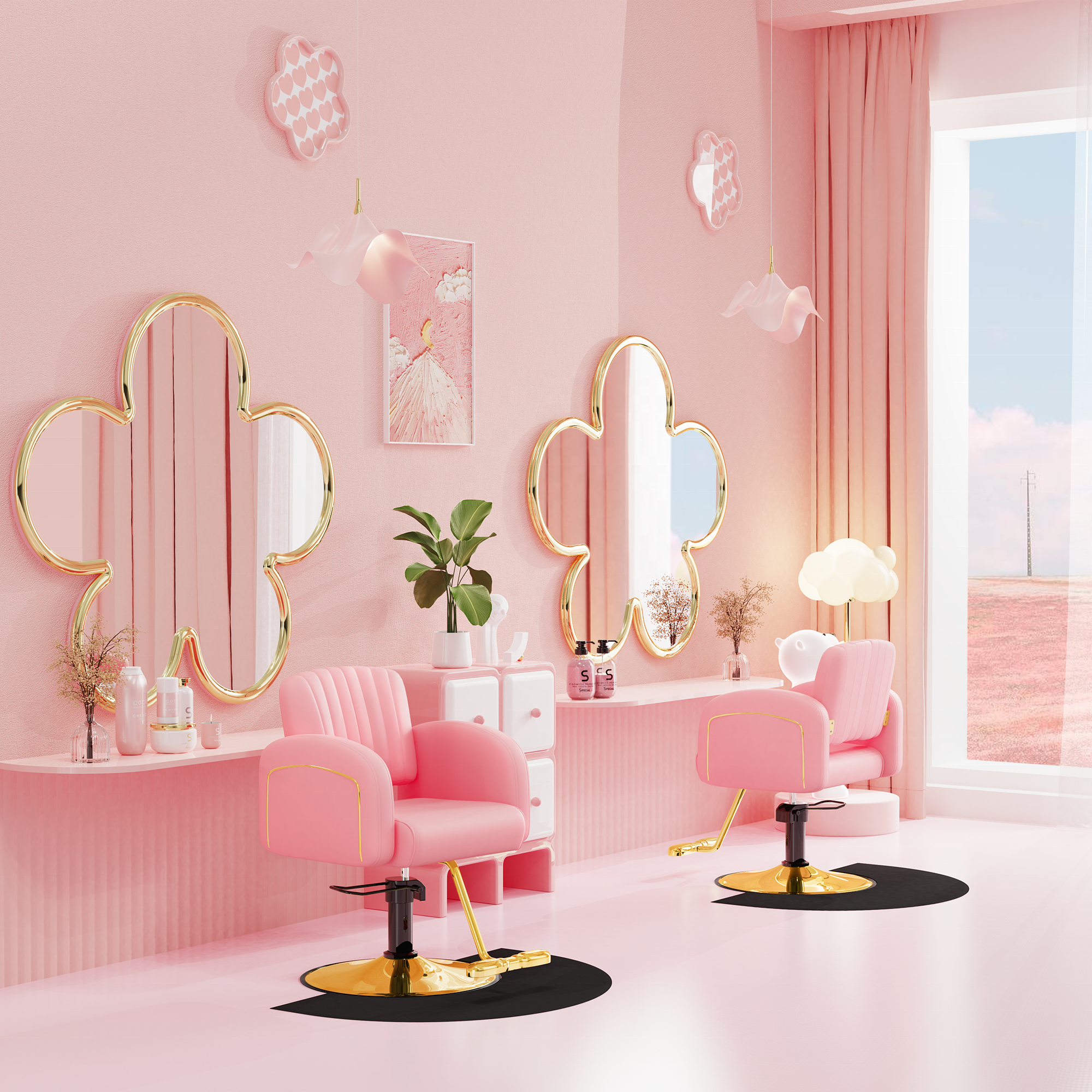 Low Price Good Quality Comfortable Seating Adjustable Height Hair Salon Chair Pink And Gold Styling Chair