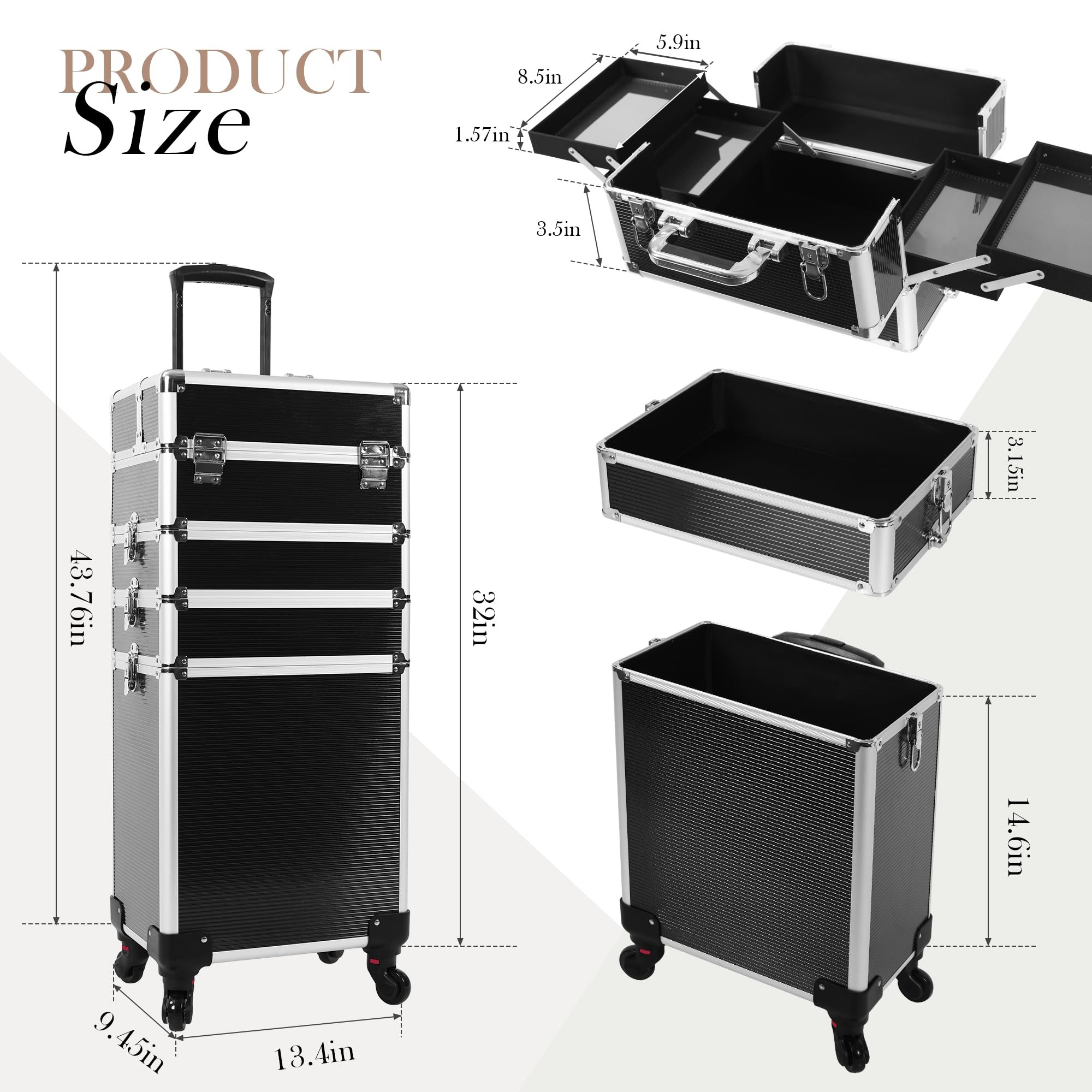 5 in 1 Rolling Makeup Train Case Professional Cosmetic Trolley Large Storage Organizer Key Swivel Wheels Salon Barber Case