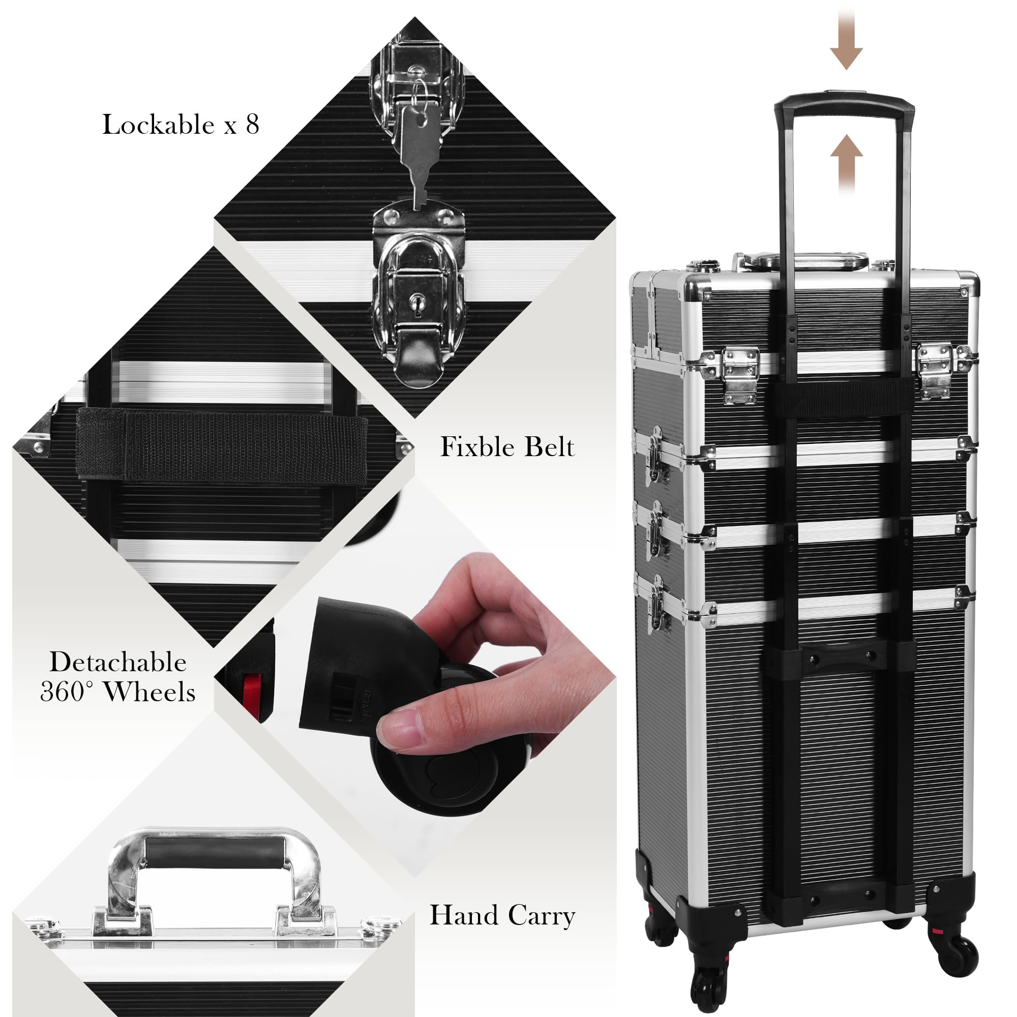 5 in 1 Rolling Makeup Train Case Professional Cosmetic Trolley Large Storage Organizer Key Swivel Wheels Salon Barber Case