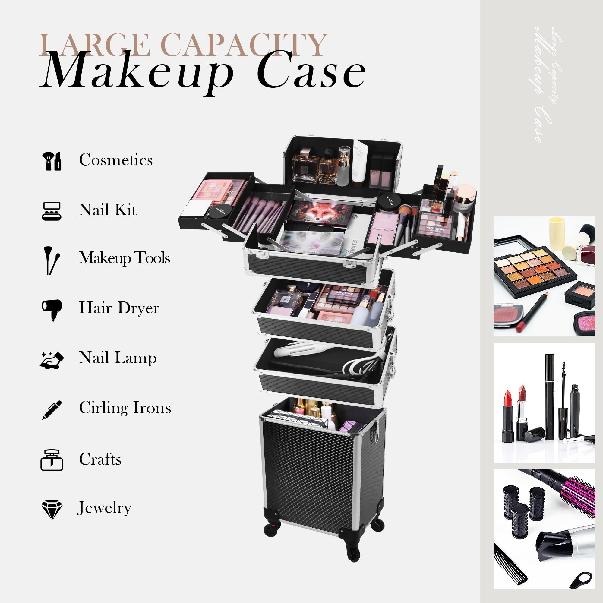 5 in 1 Rolling Makeup Train Case Professional Cosmetic Trolley Large Storage Organizer Key Swivel Wheels Salon Barber Case