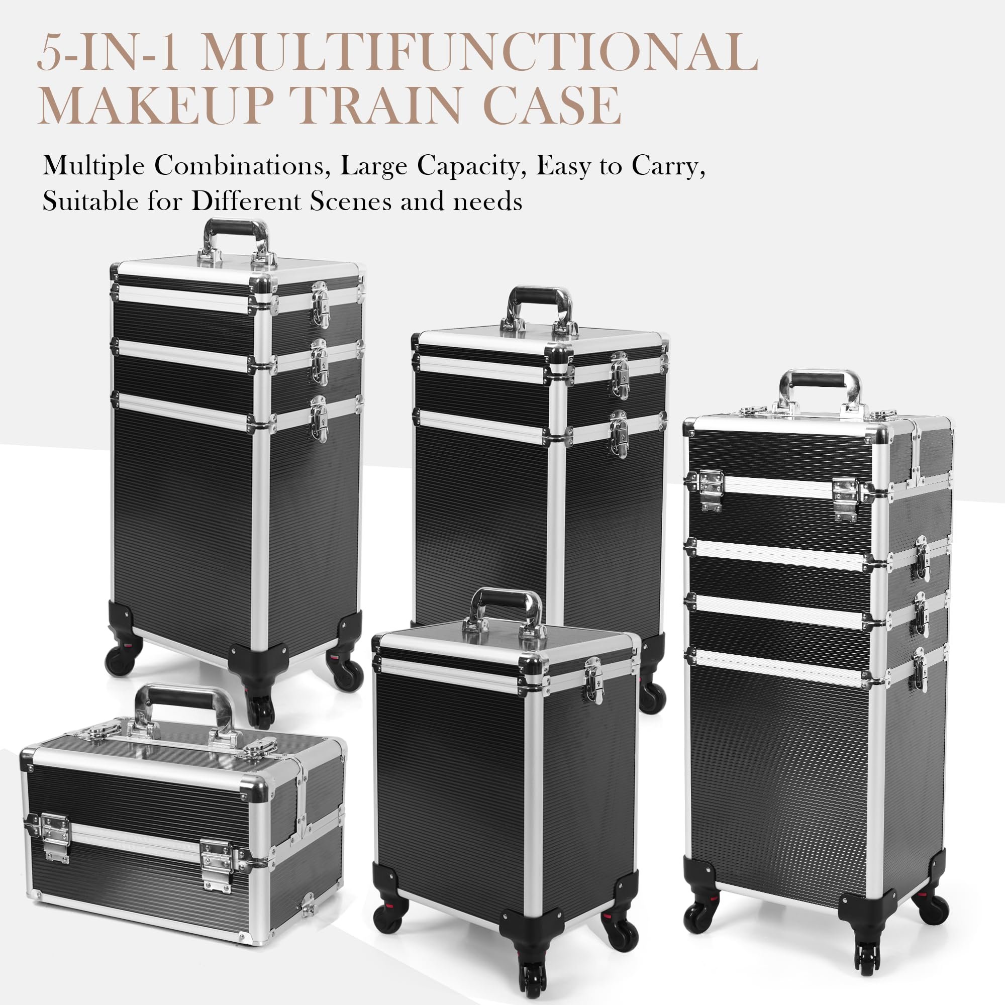 5 in 1 Rolling Makeup Train Case Professional Cosmetic Trolley Large Storage Organizer Key Swivel Wheels Salon Barber Case