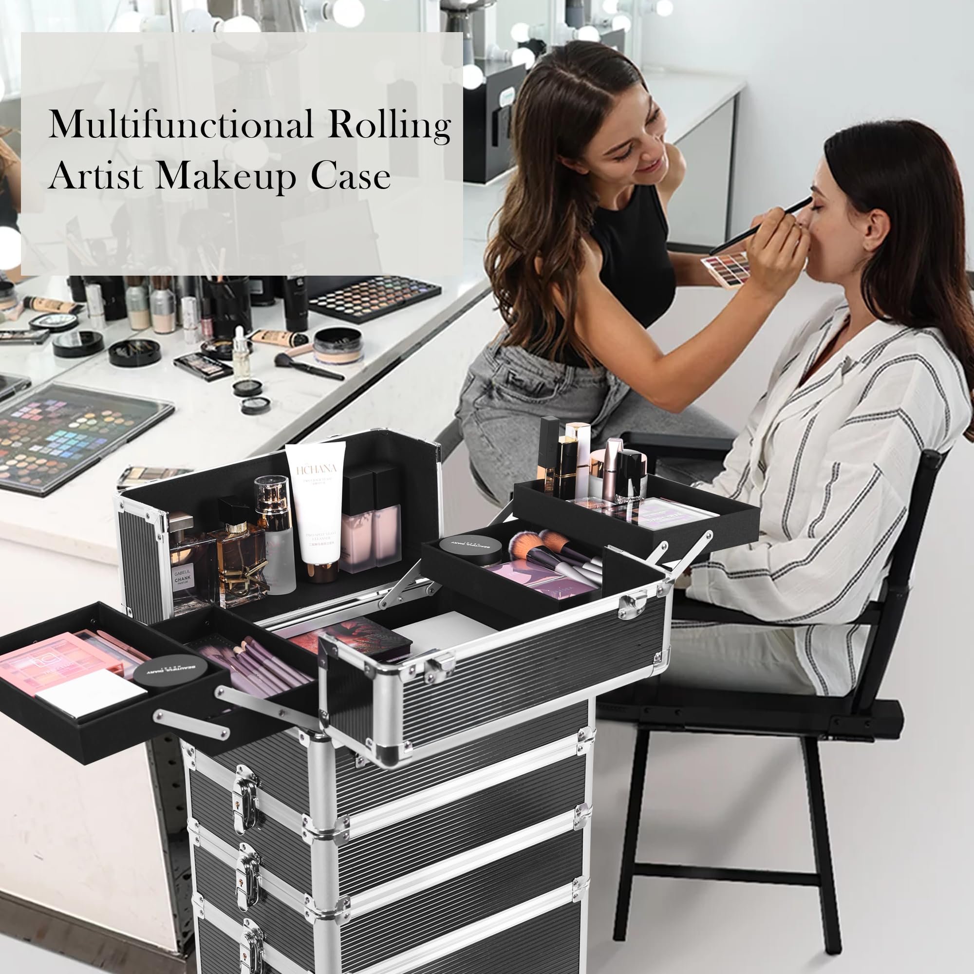 5 in 1 Rolling Makeup Train Case Professional Cosmetic Trolley Large Storage Organizer Key Swivel Wheels Salon Barber Case