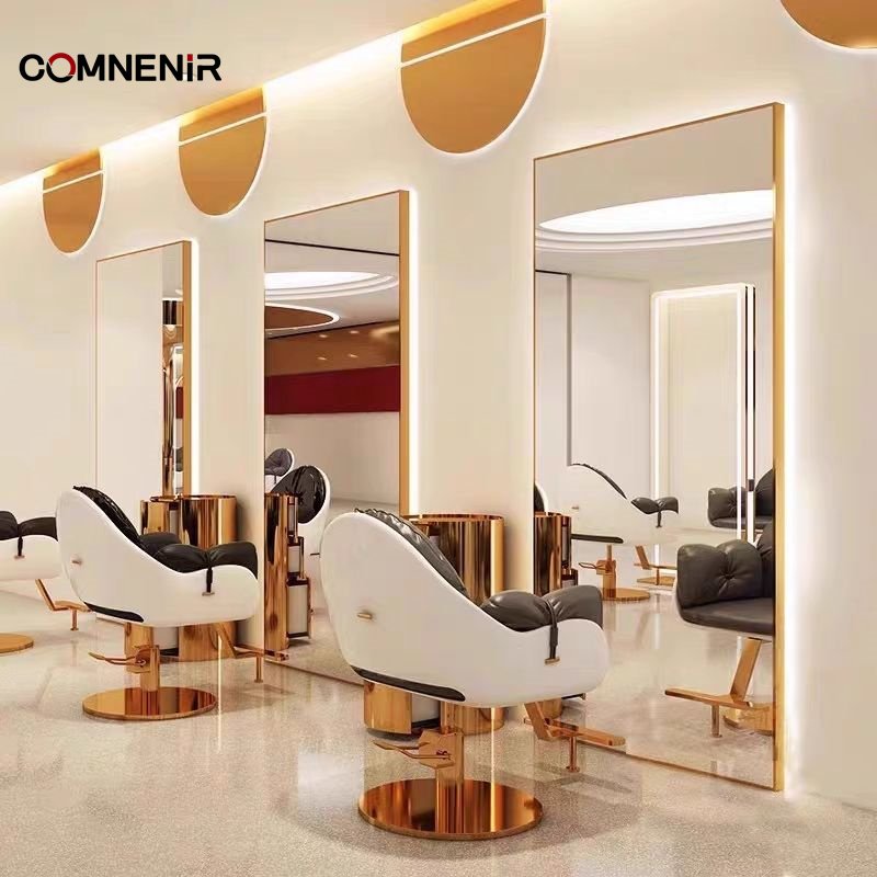 luxury salon beauty furniture mirror station Irregular single side shape hair salon mirror table with storage