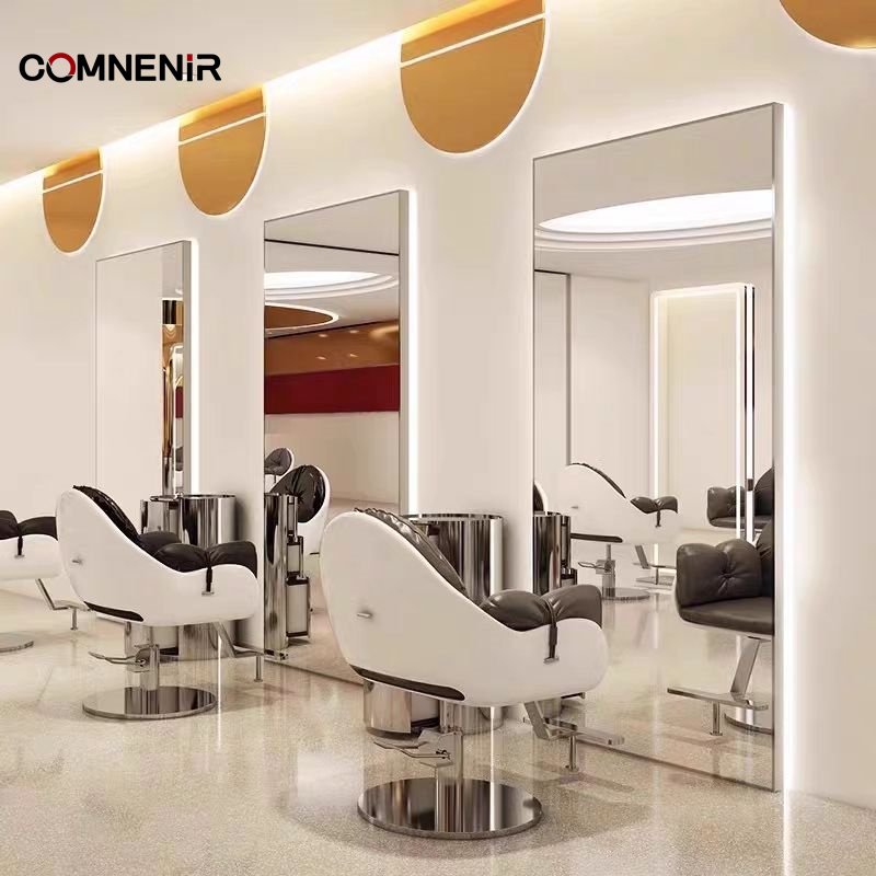 luxury salon beauty furniture mirror station Irregular single side shape hair salon mirror table with storage