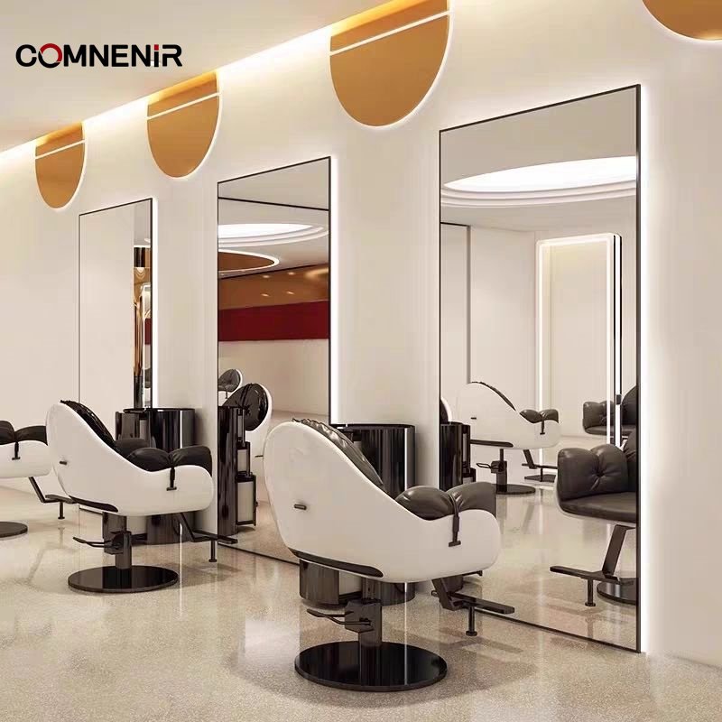 luxury salon beauty furniture mirror station Irregular single side shape hair salon mirror table with storage