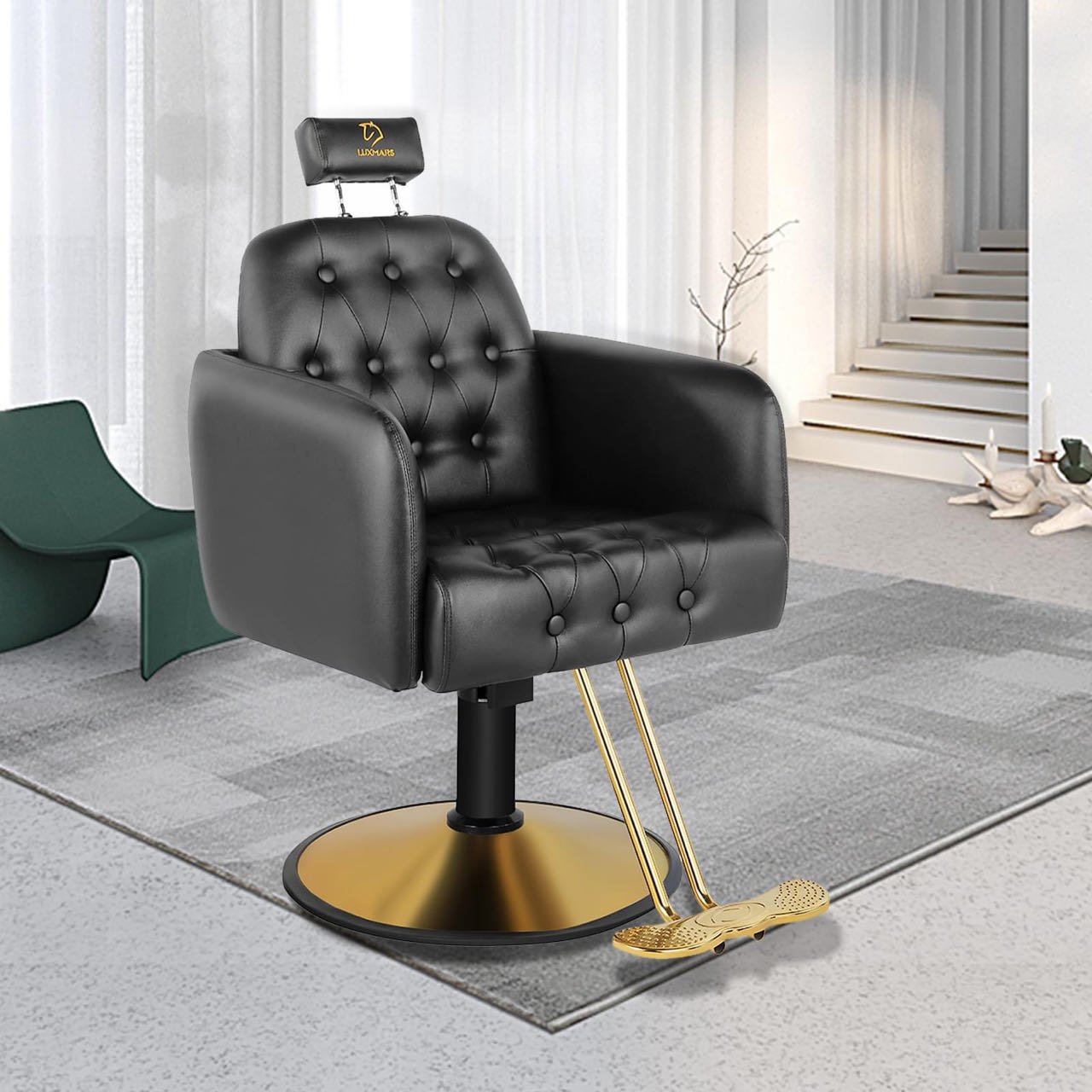 Wholesale sale dented leather black barber chair with headrest and metal guide back gold round base