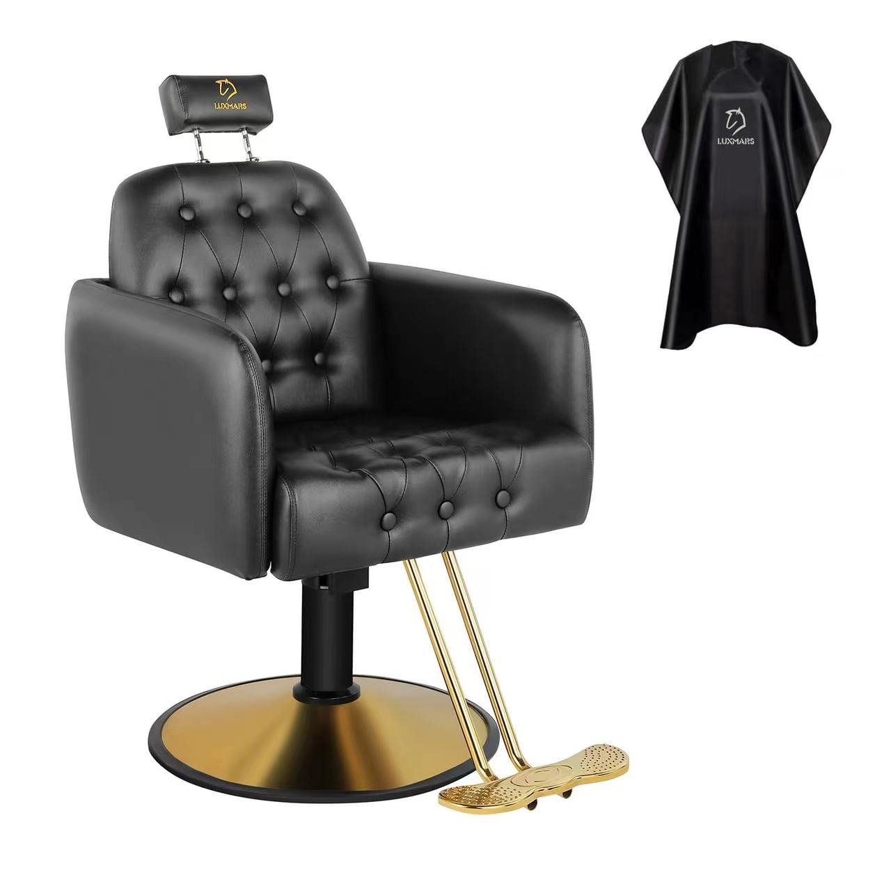 Wholesale sale dented leather black barber chair with headrest and metal guide back gold round base