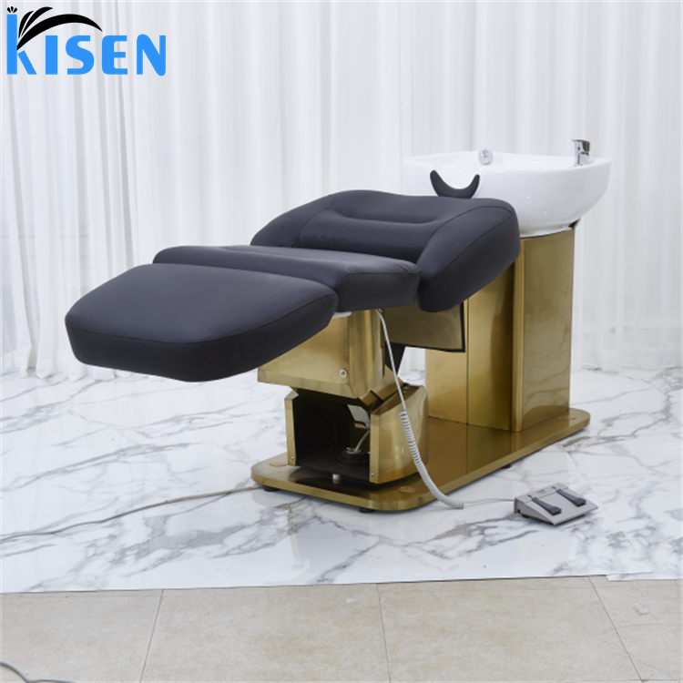 Kisen 2024 new design hot sale hair salon furniture electric black leather shampoo chair massage SPA bed with gold base