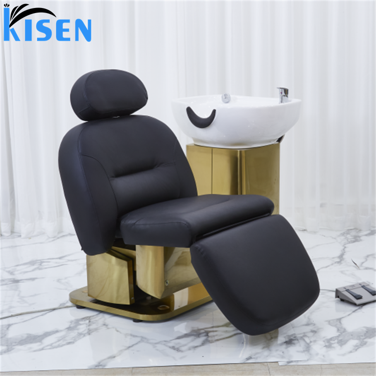 Kisen 2024 new design hot sale hair salon furniture electric black leather shampoo chair massage SPA bed with gold base