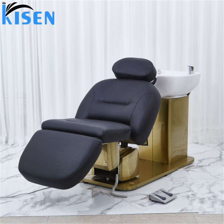 Kisen 2024 new design hot sale hair salon furniture electric black leather shampoo chair massage SPA bed with gold base