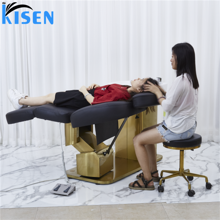 Kisen 2024 new design hot sale hair salon furniture electric black leather shampoo chair massage SPA bed with gold base