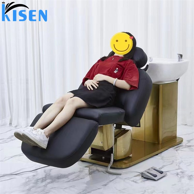 Kisen 2024 new design hot sale hair salon furniture electric black leather shampoo chair massage SPA bed with gold base