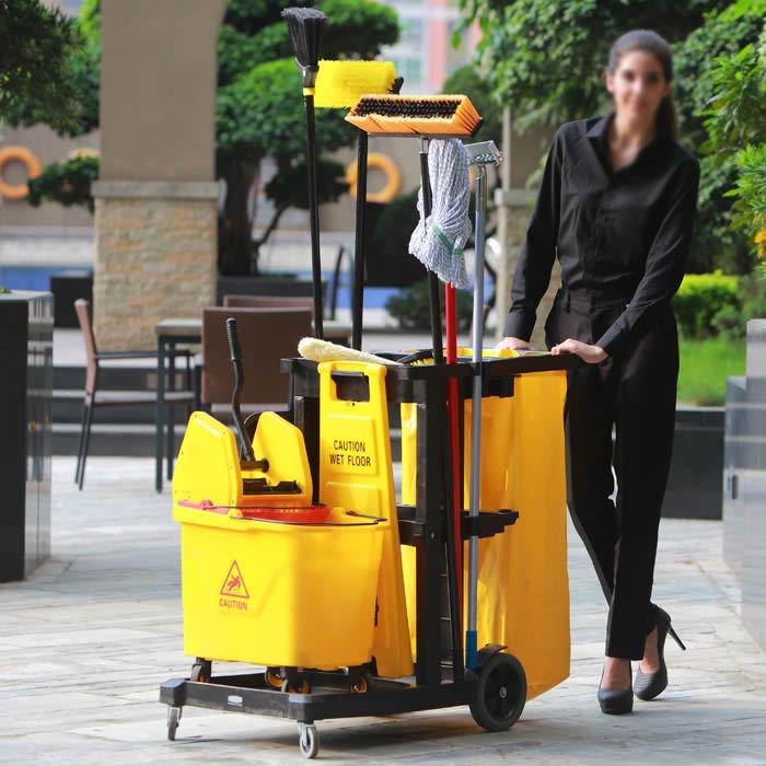 Hospital Hotel Folding Janitor Cart Housekeeping Equipments Cleaning Trolley Cart Service Trolley