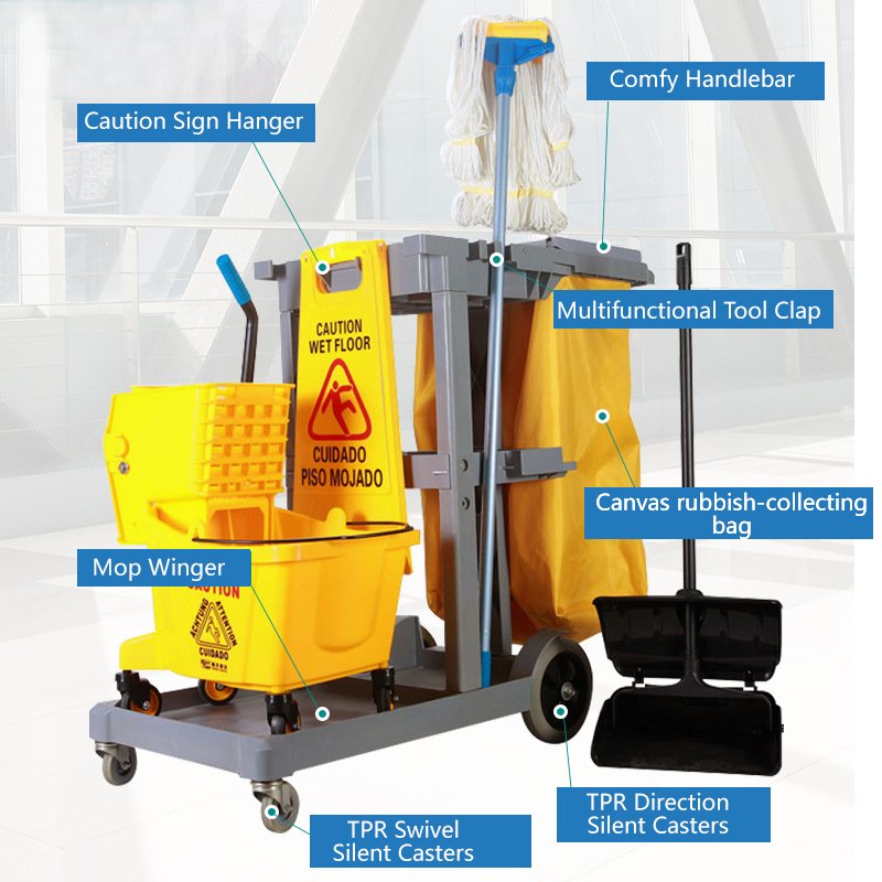 Hospital Hotel Folding Janitor Cart Housekeeping Equipments Cleaning Trolley Cart Service Trolley