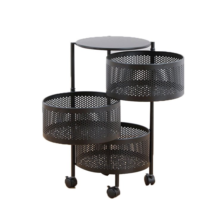 Wholesale Multi-function Home Kitchen Bathroom Storage Rack Mesh Round Basket Home Storage Trolley Metal Mobile Carts