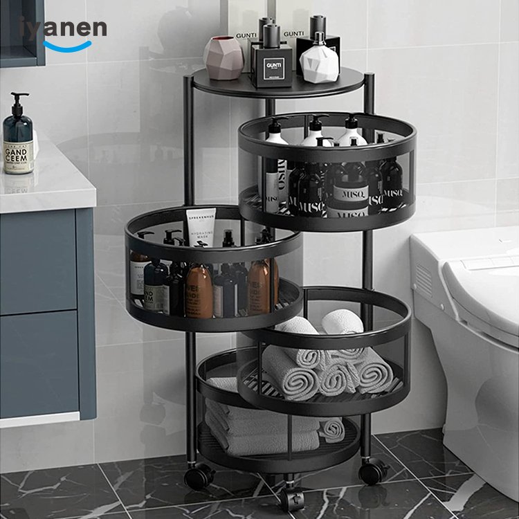 Wholesale Multi-function Home Kitchen Bathroom Storage Rack Mesh Round Basket Home Storage Trolley Metal Mobile Carts