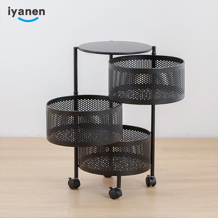 Wholesale Multi-function Home Kitchen Bathroom Storage Rack Mesh Round Basket Home Storage Trolley Metal Mobile Carts