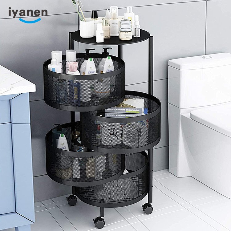 Wholesale Multi-function Home Kitchen Bathroom Storage Rack Mesh Round Basket Home Storage Trolley Metal Mobile Carts