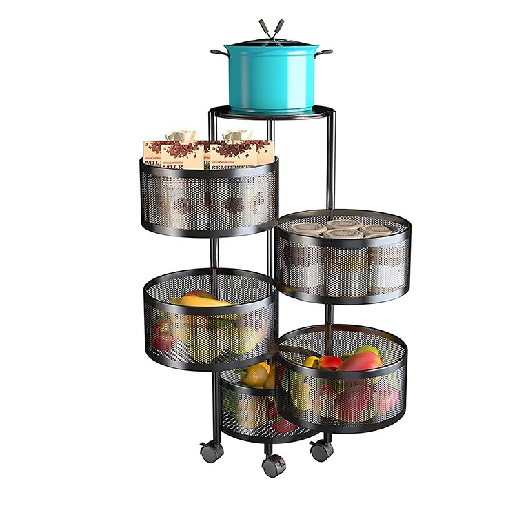 Wholesale Multi-function Home Kitchen Bathroom Storage Rack Mesh Round Basket Home Storage Trolley Metal Mobile Carts