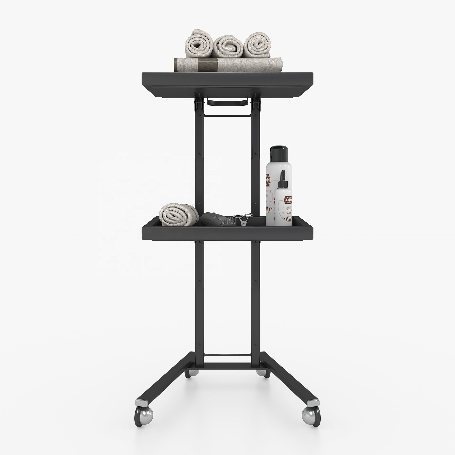 Hot sell barber shop 4 wheel design steel black stand mobile beauty spa push hand trolley cart for storage