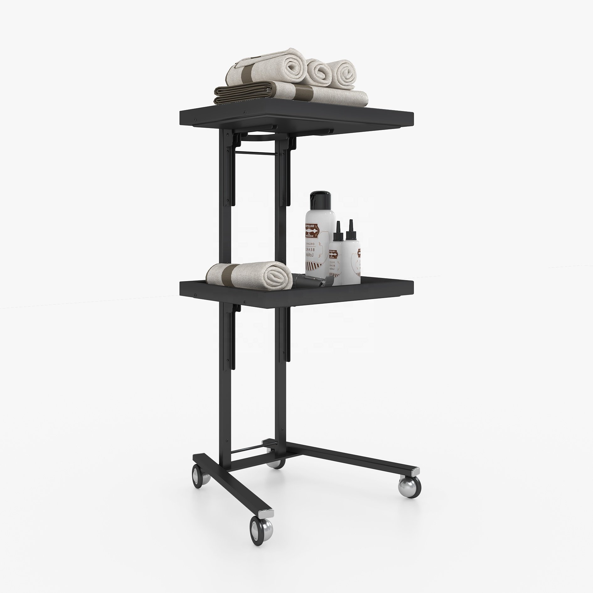 Hot sell barber shop 4 wheel design steel black stand mobile beauty spa push hand trolley cart for storage